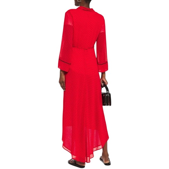 GANNI Mullin Georgette Red Aymmetric Polka Dot Long Sleeve Wrap Midi Maxi Dress - Picture 15 of 16
